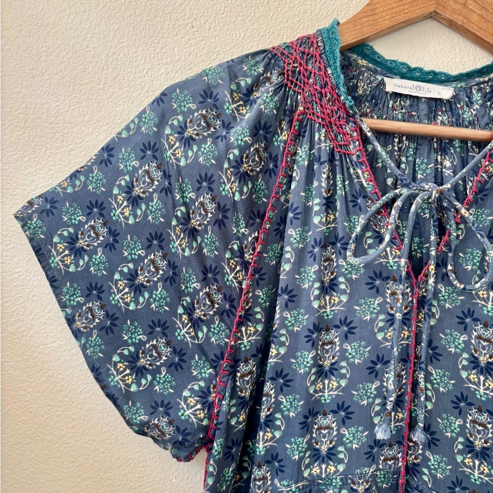 NATURAL LIFE Teal Maxi Dress with Deep Red Embroidery Trim. - Picture 2 of 7